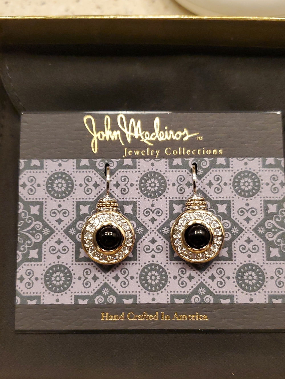 John Medeiros Black and Gold Crystal Halo Drop Earrings
